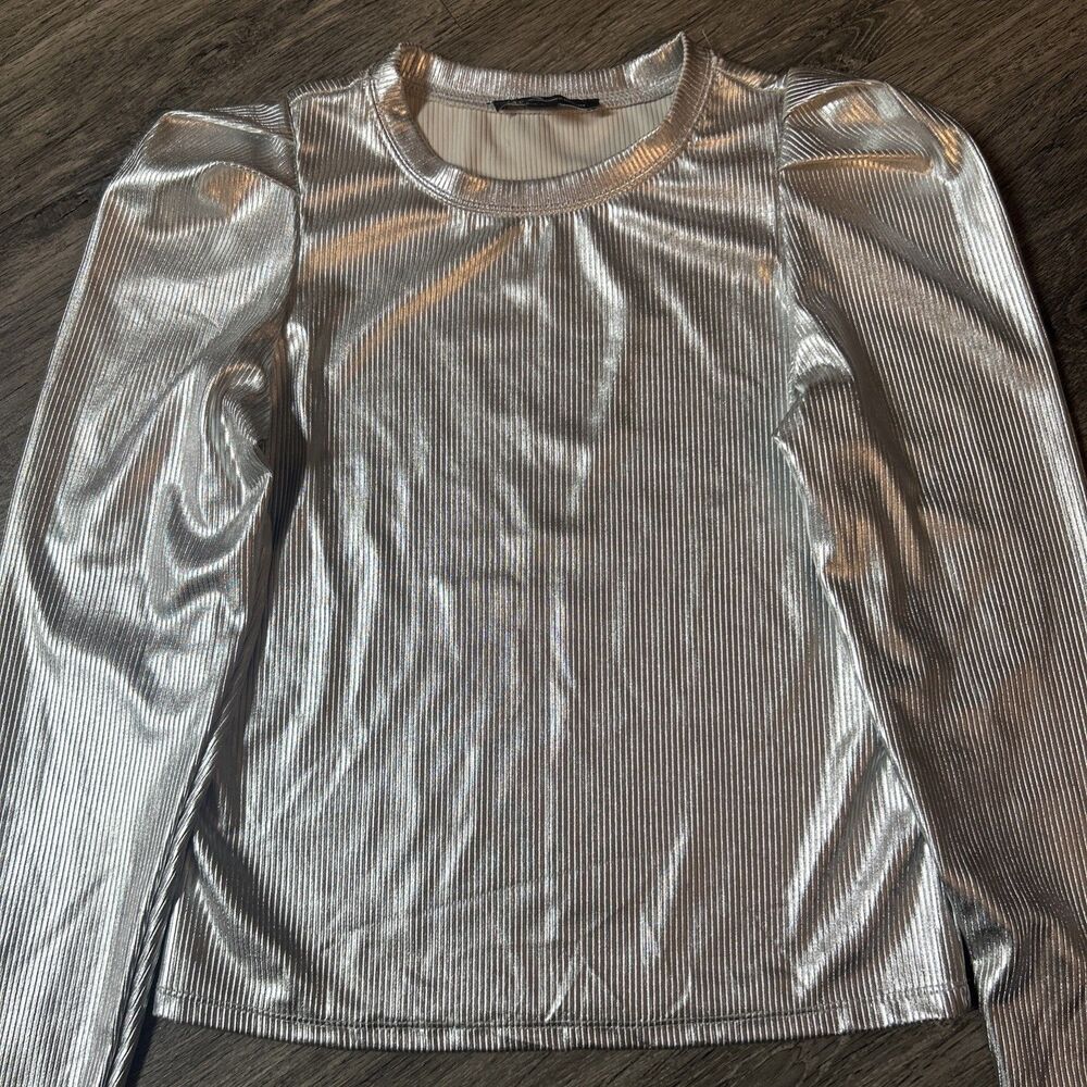 INC International Concepts Silver Scuba Stretch Pleated Shoulder Disco Top, XS